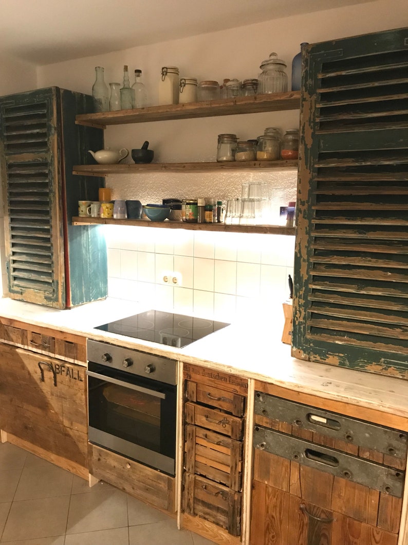kitchen vintage retro old wood lumber worktop concrete shabby chic