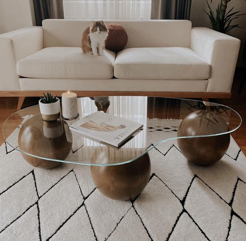 Wooden Ball Coffee Table: Glass Top, Modern Living Room Decor