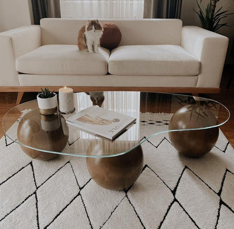 Wooden Ball Coffee Table: Glass Top, Modern Living Room Decor