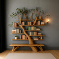 wooden book tree shelves with bench for living room furniture