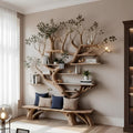 Artistic Tree-Shaped Wooden Bookshelf with Built-in Bench | Handmade Solid Wood Bookcase & Rustic Living Room Decor